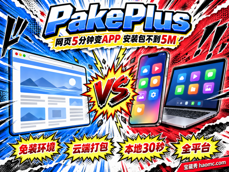 网页一键变桌面手机APP，安装包不到5M、免装环境，PakePlus-宝藏秀