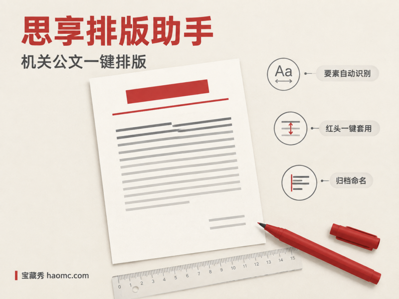 思享排版助手：机关公文一键排版与红头套红插件-宝藏秀