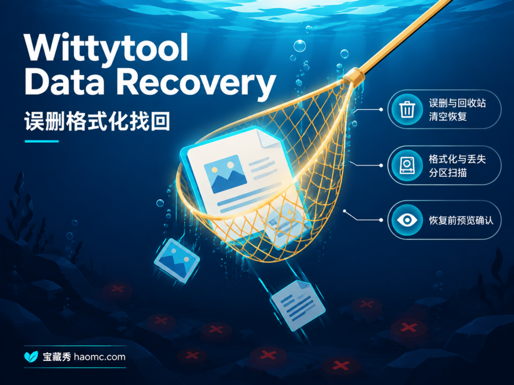 Wittytool Data Recovery 数据恢复主题插画：发光渔网从数据深渊捞回文件卡